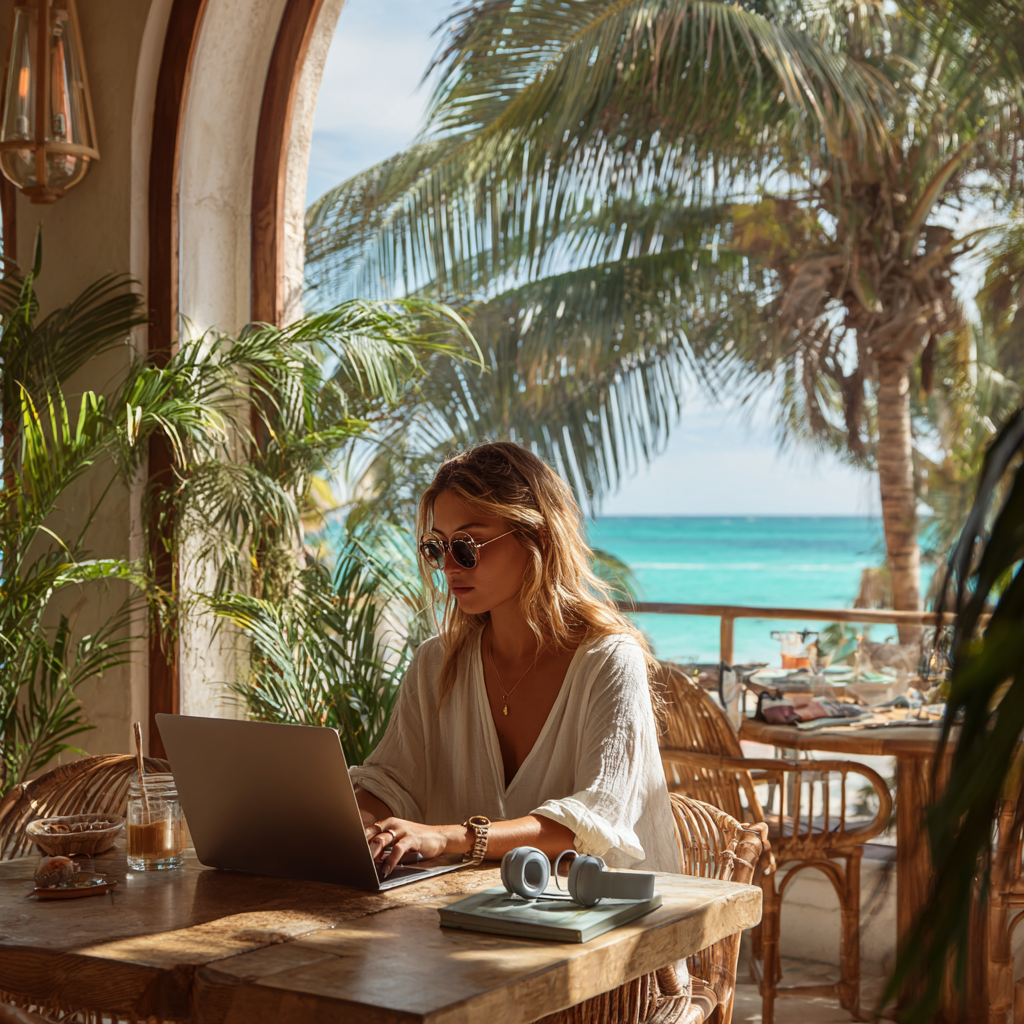 An Atlas customer banking from a beachfront café while travelling